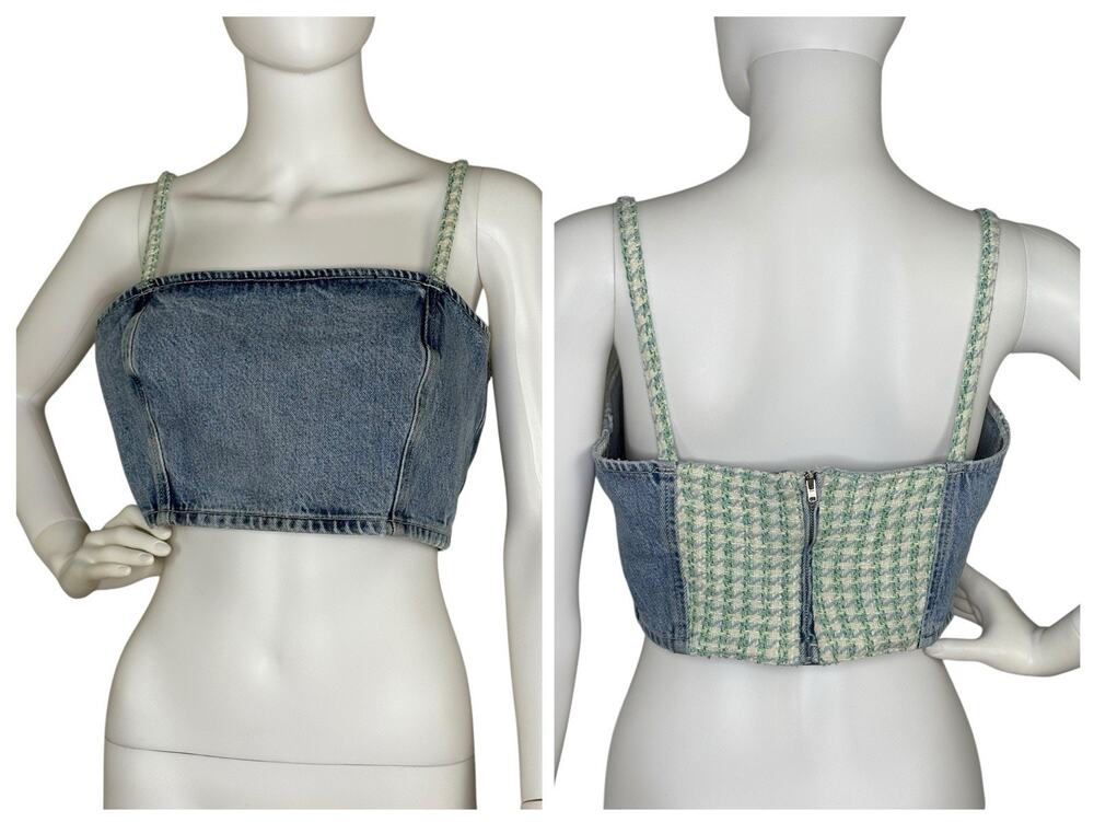 Zara Contrast Denim Crop Top Spaghetti Strap Exposed Back Zip Size L
